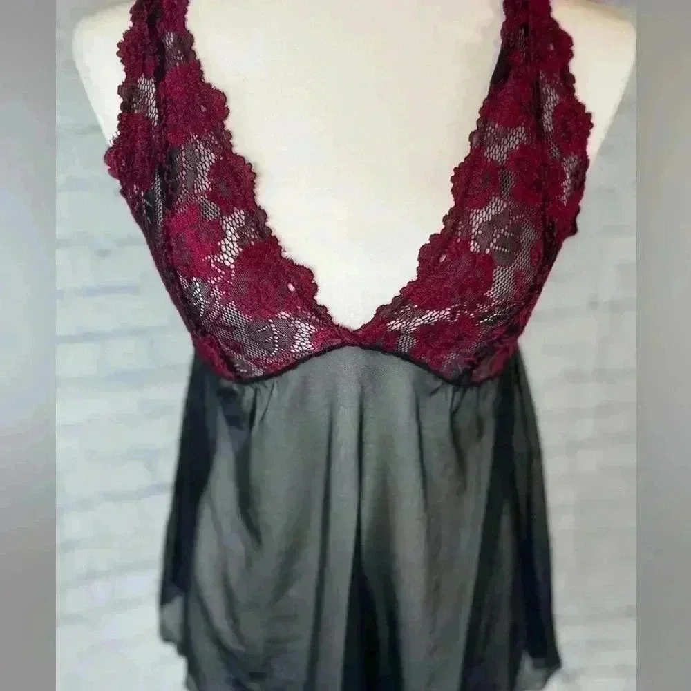 PINK K nighty camisole lingerie black and hot pink lace size M cocktail teddy RL